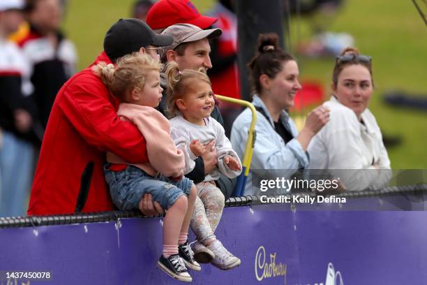 Supporters watch on during the round 10 AFLW match between the St Kilda Saints and the Adelaide Crows at RSEA Park on October 29, 2022 in Melbourne,...