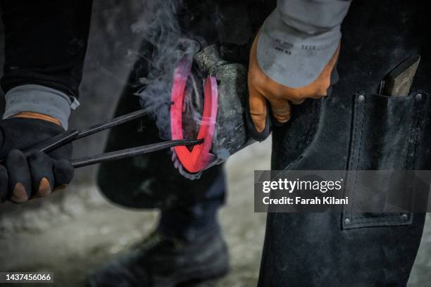 farrier lightly placing horseshoe onto hoof to assess if it is the correct fit, causing smoke. - hoof stock pictures, royalty-free photos & images