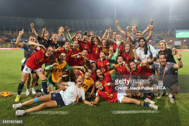 Player of Spain celebrates after winning the FIFA U-17 Women's World Cup 2022 Semi Final match between Germany and Spain at Pandit Jawaharlal Nehru...