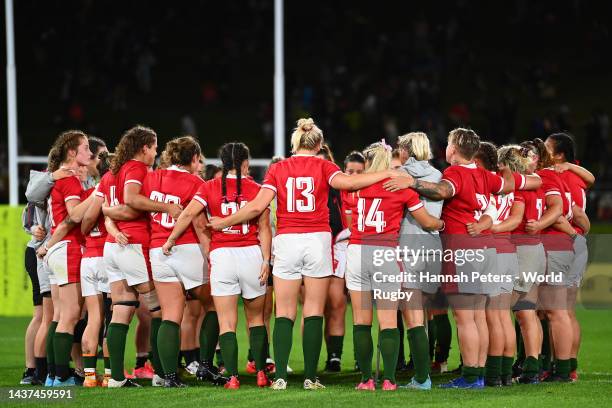 Wales huddle after the Rugby World Cup 2021 Quarterfinal match between New Zealand and Wales at Northland Events Centre on October 29, 2022 in...