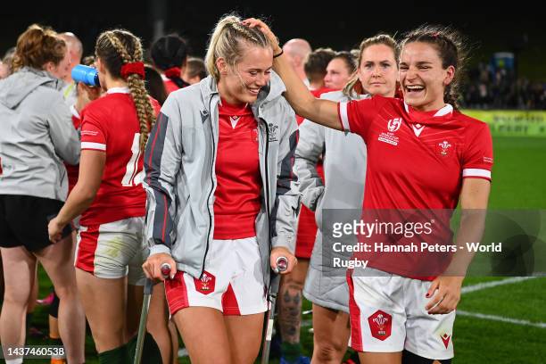 Carys Williams-Morris and Jasmine Joyce of Wales after the Rugby World Cup 2021 Quarterfinal match between New Zealand and Wales at Northland Events...
