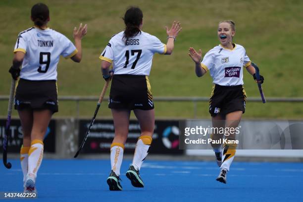 Georgia Wilson of the Thundersticks celebrates a goal during the round five Hockey One League match between Perth Thundersticks and Tassie Tigers at...