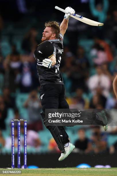 Glenn Phillips of New Zealand celebrates his century during the ICC Men's T20 World Cup match between New Zealand and Sri Lanka at Sydney Cricket...