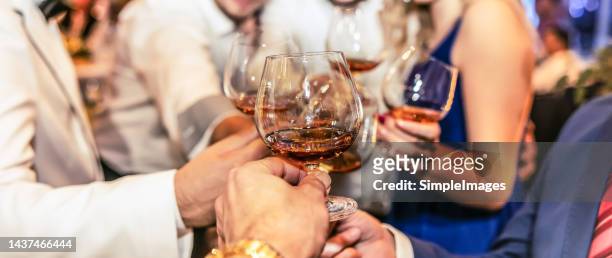 group of friends a toast to the cheers of cognac or brandy. - cognac glass stock-fotos und bilder