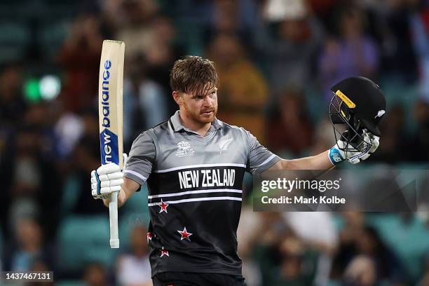 Glenn Phillips of New Zealand celebrates his century during the ICC Men's T20 World Cup match between New Zealand and Sri Lanka at Sydney Cricket...