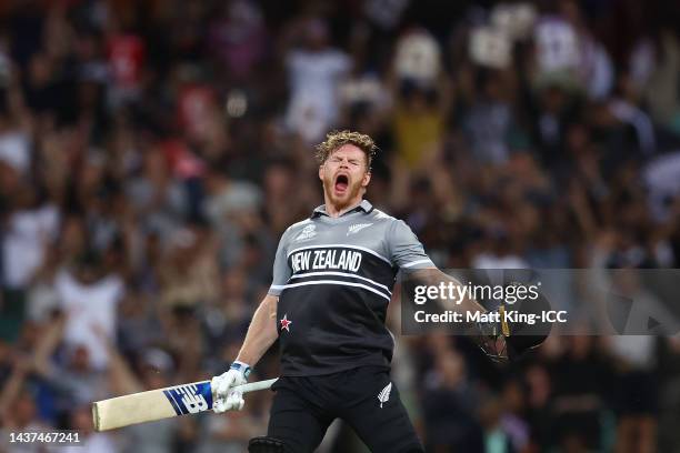 Glenn Phillips of New Zealand celebrates his century during the ICC Men's T20 World Cup match between New Zealand and Sri Lanka at Sydney Cricket...