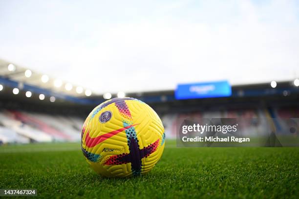 Detail view of the Nike Flight Premier League 2022-23 Hi-Vis match ball prior to the Premier League match between Leicester City and Manchester City...