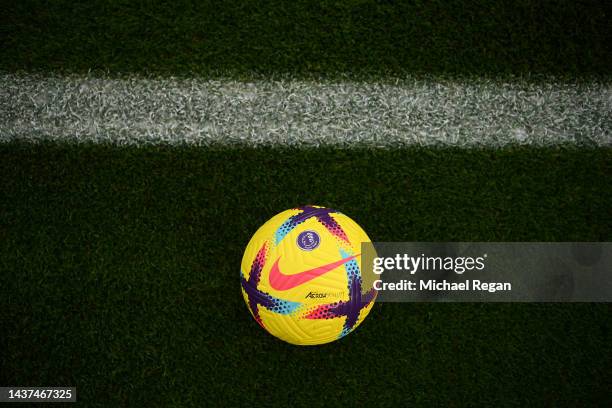 Detail view of the Nike Flight Premier League 2022-23 Hi-Vis match ball prior to the Premier League match between Leicester City and Manchester City...