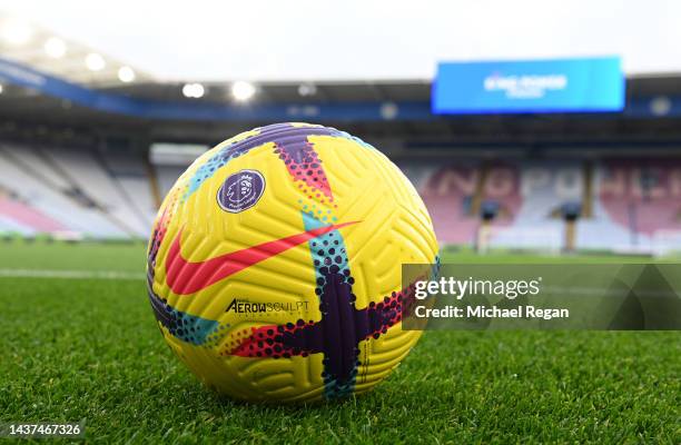 Detail view of the Nike Flight Premier League 2022-23 Hi-Vis match ball prior to the Premier League match between Leicester City and Manchester City...