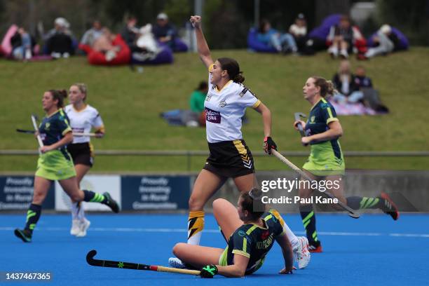 Shanea Tonkin of the Thundersticks celebrates a goal during the round five Hockey One League match between Perth Thundersticks and Tassie Tigers at...