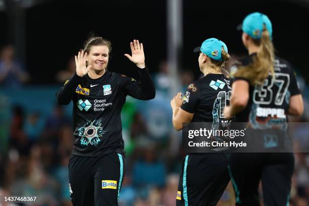 Jess Jonassen of the Heat celebrates a wicket during the Women's Big Bash League match between the Brisbane Heat and the Perth Scorchers at Allan...