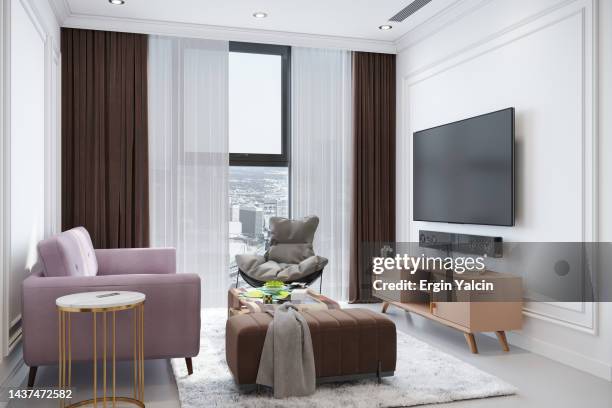 modern living room with stylish furniture and tv cabinet. - tower hotel stock pictures, royalty-free photos & images