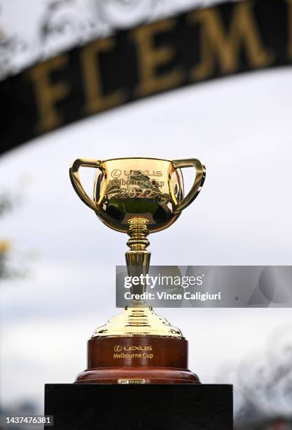 The trophy is seen at The Melbourne Cup barrier draw after 2022 Penfolds Victoria Derby Day at Flemington Racecourse on October 29, 2022 in...