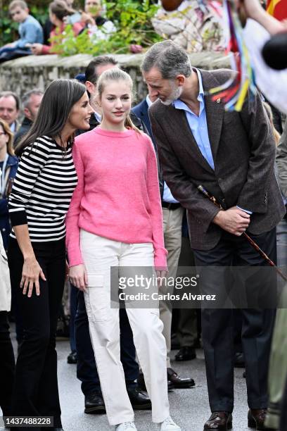 Queen Letizia of Spain, Crown Princess Leonor of Spain and King Felipe VI of Spain visit to Cadavedo, which has been honoured as the 2021 Best...