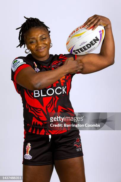 Ada Jane Okonkwo-Dappa of Canada poses for a photo during the Canada Rugby League World Cup portrait session on October 26, 2022 in Leeds, England.