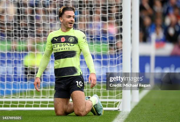 Jack Grealish of Manchester City reacts after a missed chance during the Premier League match between Leicester City and Manchester City at The King...