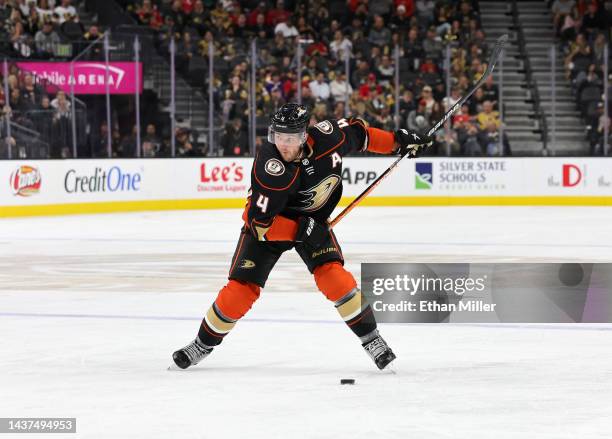 Cam Fowler of the Anaheim Ducks takes a shot against the Vegas Golden Knights in the third period of their game at T-Mobile Arena on October 28, 2022...