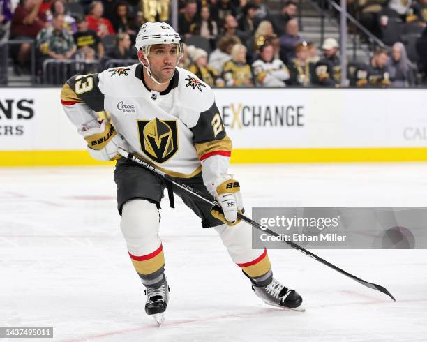 Alec Martinez of the Vegas Golden Knights waits for a faceoff in the third period of a game against the Anaheim Ducks at T-Mobile Arena on October...