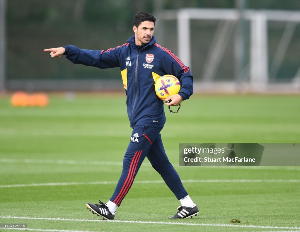 Arsenal Training Arsenal manager Mikel Arteta during a training session at London ...