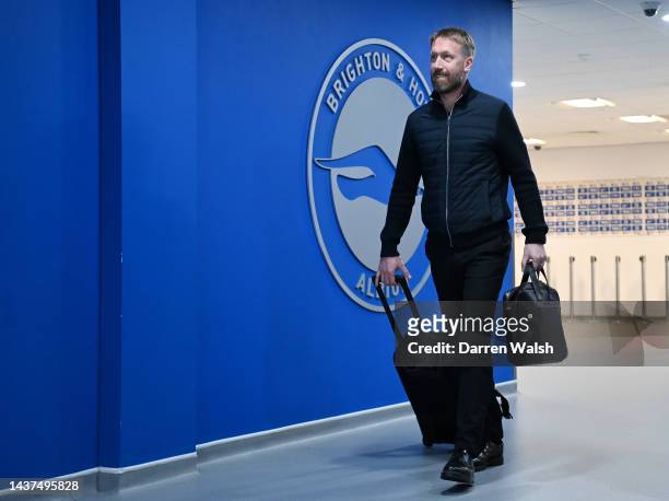 Graham Potter, Head Coach of Chelsea arrives at the stadium prior to the Premier League match between Brighton & Hove Albion and Chelsea FC at...