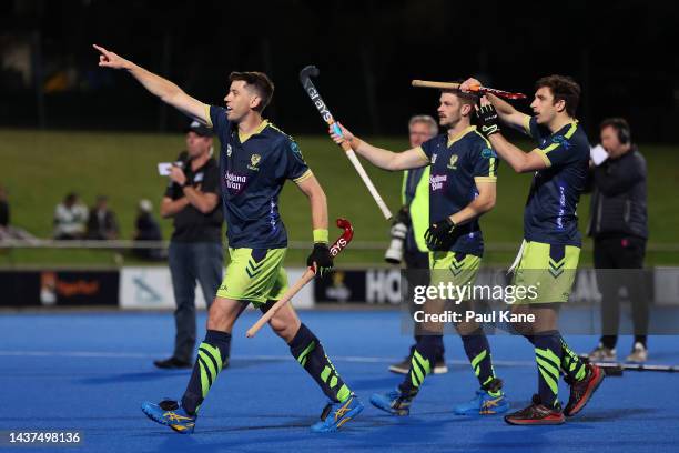 Eddie Ockenden of the Tigers and team mates gesture to the Umpires in the shoot out during the round five Hockey One League match between Perth...