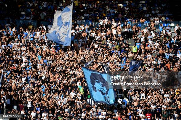 Fans of SSC Napoli show their support prior to the Serie A match between SSC Napoli and US Sassuolo at Stadio Diego Armando Maradona on October 29,...