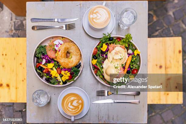 healthy breakfast at the cafe, top view - food design stock pictures, royalty-free photos & images