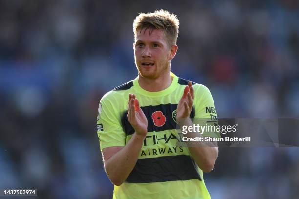 Kevin De Bruyne of Manchester City applauds the fans after their sides victory during the Premier League match between Leicester City and Manchester...