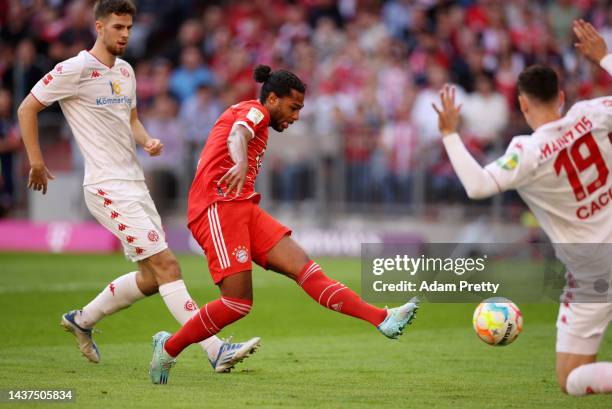 Serge Gnabry of Bayern Munich scores their team's first goal during the Bundesliga match between FC Bayern München and 1. FSV Mainz 05 at Allianz...