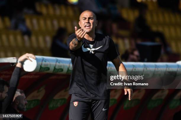 Fabio Cannavaro manager of Benevento Calcio gestures during the Serie B match between Benevento Calcio and AC Pisa at Stadio Ciro Vigorito on October...