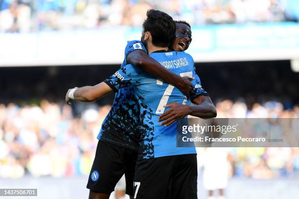 Khvicha Kvaratskhelia of SSC Napoli celebrates after scoring their side's third goal during the Serie A match between SSC Napoli and US Sassuolo at...