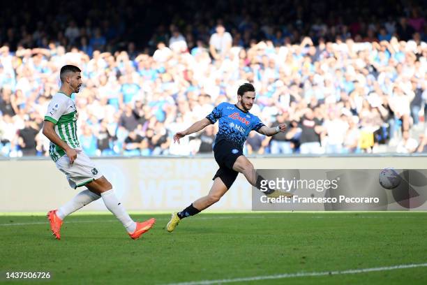 Khvicha Kvaratskhelia of SSC Napoli scores their side's third goal during the Serie A match between SSC Napoli and US Sassuolo at Stadio Diego...