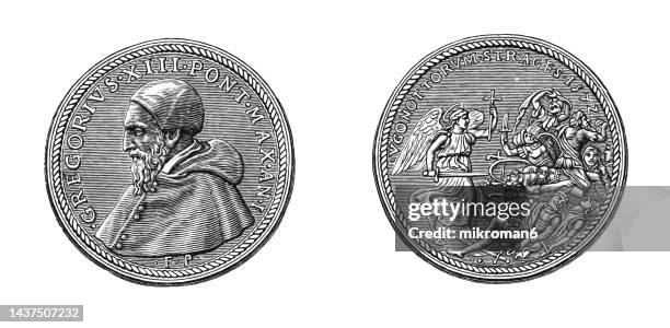 medal with a portrait of pope gregory xiii - medal commemorating the slaughter of 3,000 hugenots in paris on st. bartholomew's day (august 23-24) in 1572. - costume pope stock pictures, royalty-free photos & images