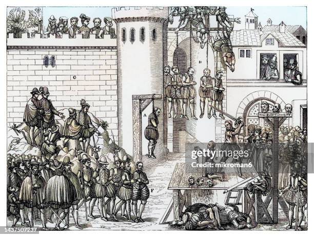 old engraved illustration of executions at amboise - execution by hanging or decapitation by the sword of conspirators in huguenot plot led by jean du barry seigneur of la renaudie (march 1560) - decapitated stock pictures, royalty-free photos & images