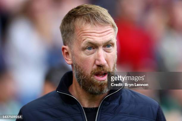 Graham Potter, Head Coach of Chelsea looks on prior to the Premier League match between Brighton & Hove Albion and Chelsea FC at American Express...