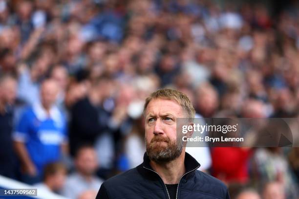 Graham Potter, Head Coach of Chelsea looks on prior to the Premier League match between Brighton & Hove Albion and Chelsea FC at American Express...