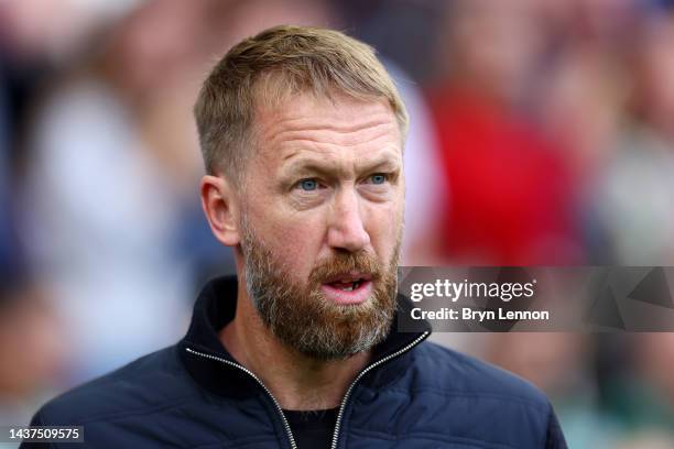 Graham Potter, Head Coach of Chelsea looks on prior to the Premier League match between Brighton & Hove Albion and Chelsea FC at American Express...