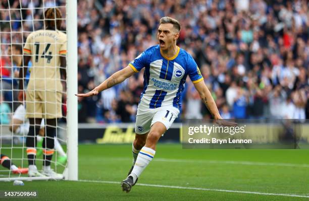Leandro Trossard of Brighton & Hove Albion celebrates after scoring their team's first goal during the Premier League match between Brighton & Hove...