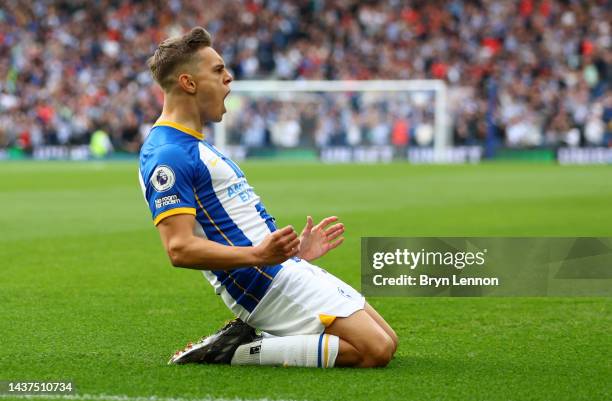 Leandro Trossard of Brighton & Hove Albion celebrates after scoring their team's first goal during the Premier League match between Brighton & Hove...