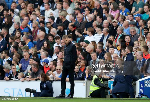 Graham Potter, Head Coach of Chelsea reacts during the Premier League match between Brighton & Hove Albion and Chelsea FC at American Express...
