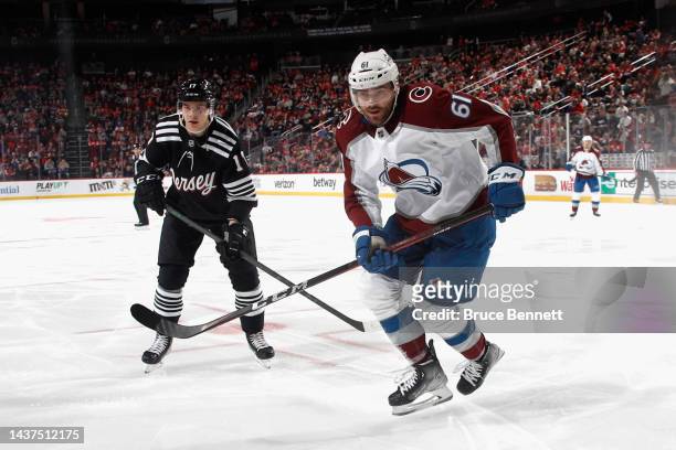 Martin Kaut of the Colorado Avalanche skates against the New Jersey Devils at the Prudential Center on October 28, 2022 in Newark, New Jersey.