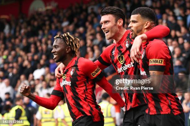 Kieffer Moore of AFC Bournemouth celebrates scoring their side's first goal with teammates during the Premier League match between AFC Bournemouth...