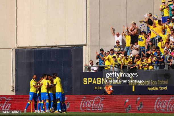 Theo Bongonda of Cadiz CF celebrates after scoring their side's first goal during the LaLiga Santander match between Cadiz CF and Atletico de Madrid...