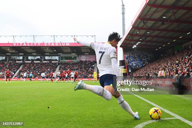 Son Heung-Min of Tottenham Hotspur takes a corner during the Premier League match between AFC Bournemouth and Tottenham Hotspur at Vitality Stadium...