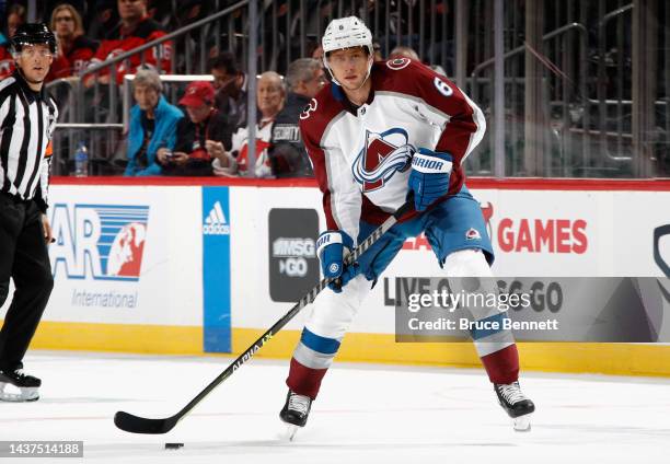 Erik Johnson of the Colorado Avalanche skates against the New Jersey Devils at the Prudential Center on October 28, 2022 in Newark, New Jersey.