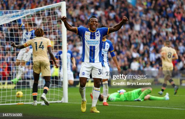 Pervis Estupinan of Brighton & Hove Albion celebrates after their sides third goal after an own goal by Trevoh Chalobah of Chelsea during the Premier...