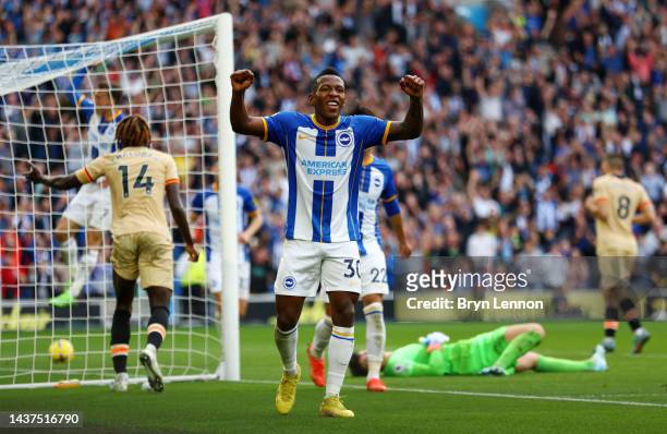 Pervis Estupinan of Brighton & Hove Albion celebrates after their sides third goal after an own goal by Trevoh Chalobah of Chelsea during the Premier...