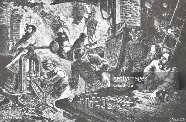 capture of a forgery fake money workshop in new york - stuck in the past stock illustrations