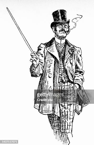 man of the world, baton in hand, stovepipe hat and smoking, left hand in pocket - smoking issues stock illustrations