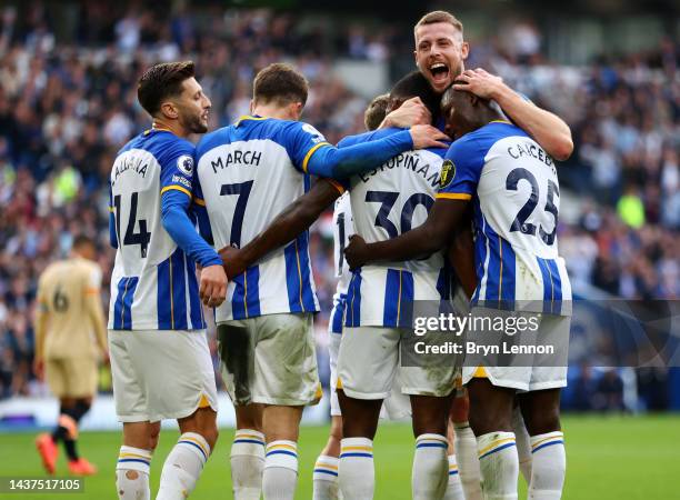 Pervis Estupinan of Brighton & Hove Albion celebrates after their sides third goal after an own goal by Trevoh Chalobah of Chelsea during the Premier...